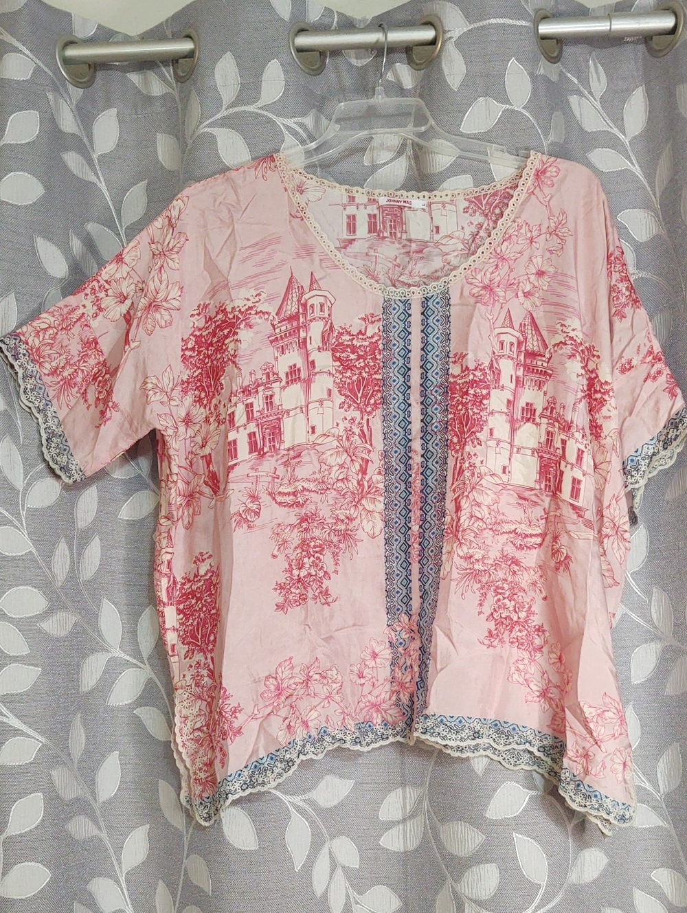 Johnny Was Pink Scenic Print Silk Tunic with Blue Trim size L